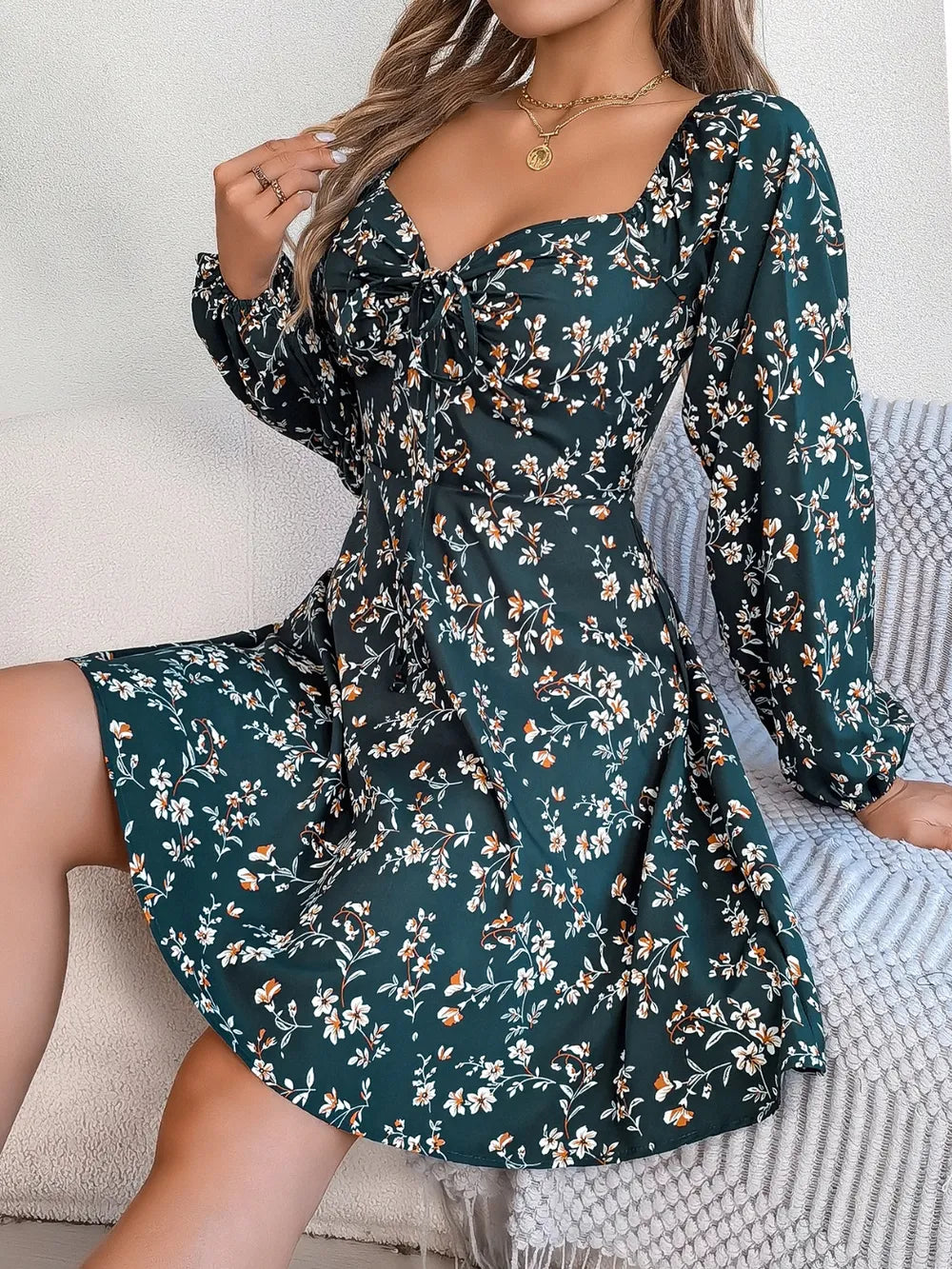 Women's Floral Print Sweetheart Neck Long Sleeve Mini Dress