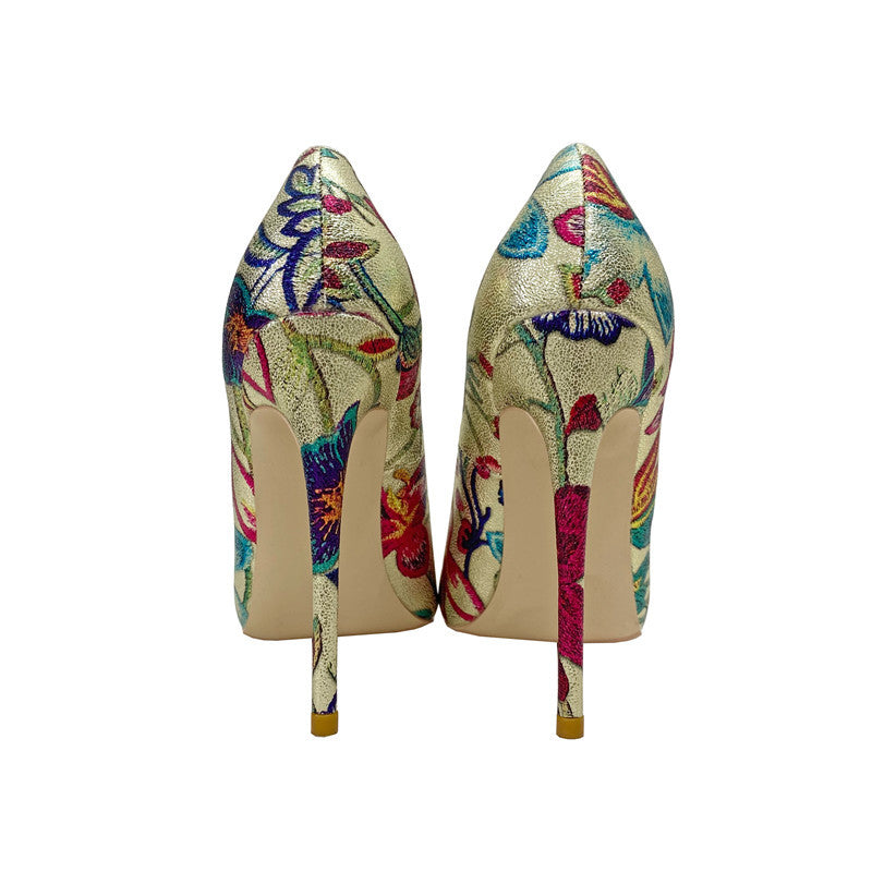 Women's Gold Pink Floral Pointed Toe Stiletto High Heel Shoes