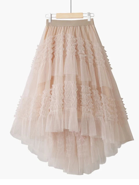 Women's Bohemian Style Ruffle Layered Scalloped Front Mesh Midi Skirt
