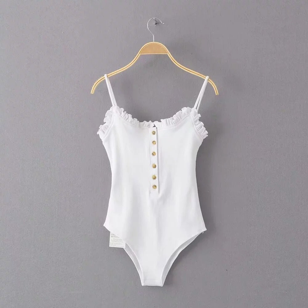 Women's Cotton Frilled Edge Button Detail Front Spaghetti Strap Bodysuit