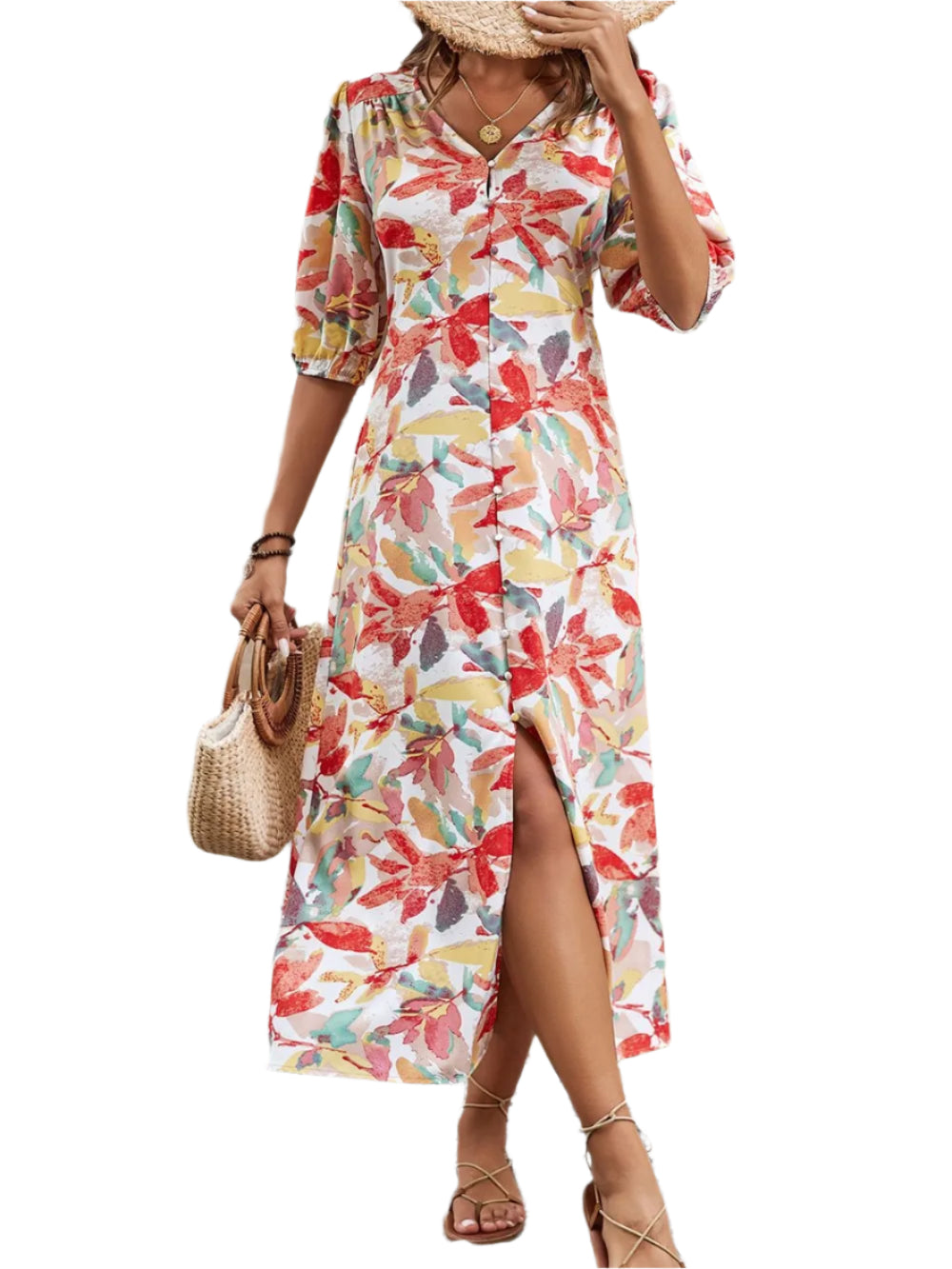 Women's Floral Print V-Neck Button Front Dress