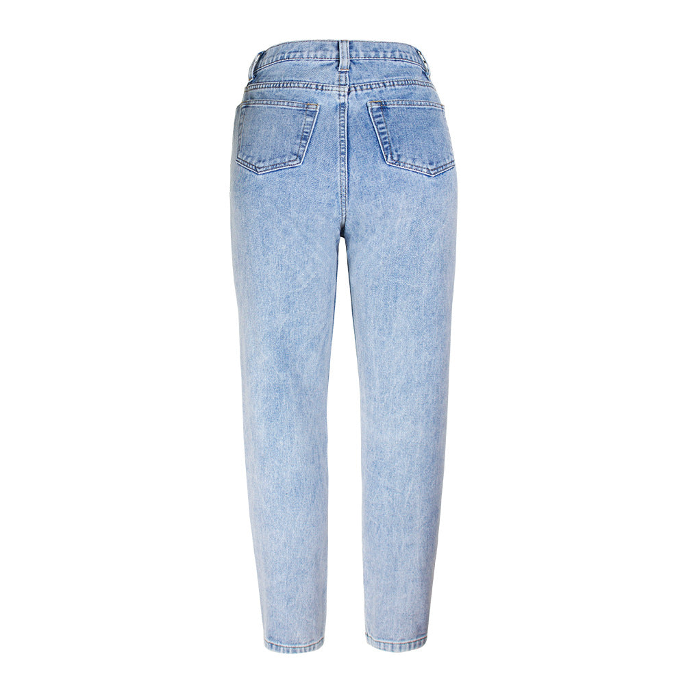 Women's Denim Jeans High Waist Straight Wide Leg Slight Ripped Trousers