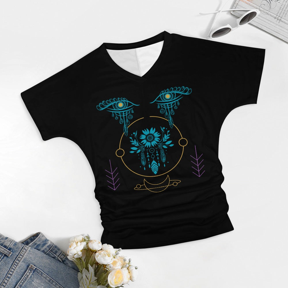 Women's Tribal Eyes V-neck Ruched Waist T-shirt Top