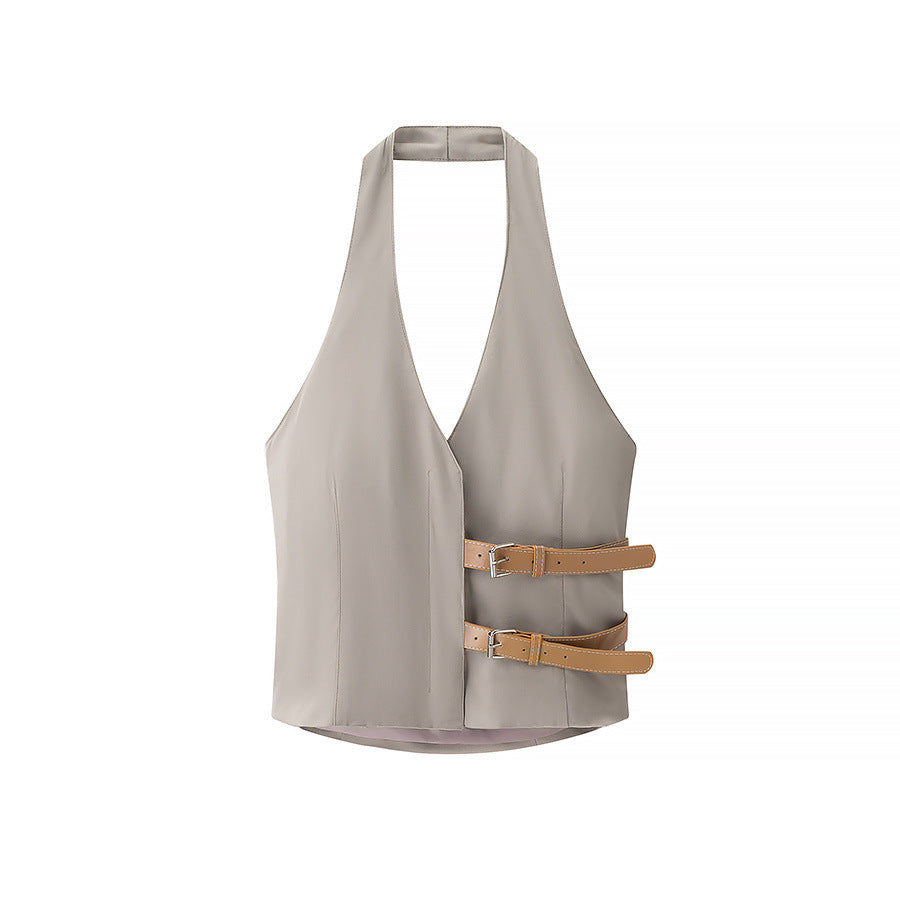 Women's Halter Neck Belted Waistcoat Style Top