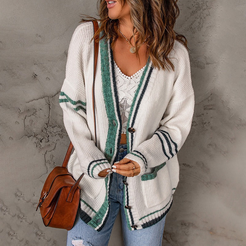 Women's Colour Contrast Edge Knit Cardigan Long Sleeve Button Front V-Neck