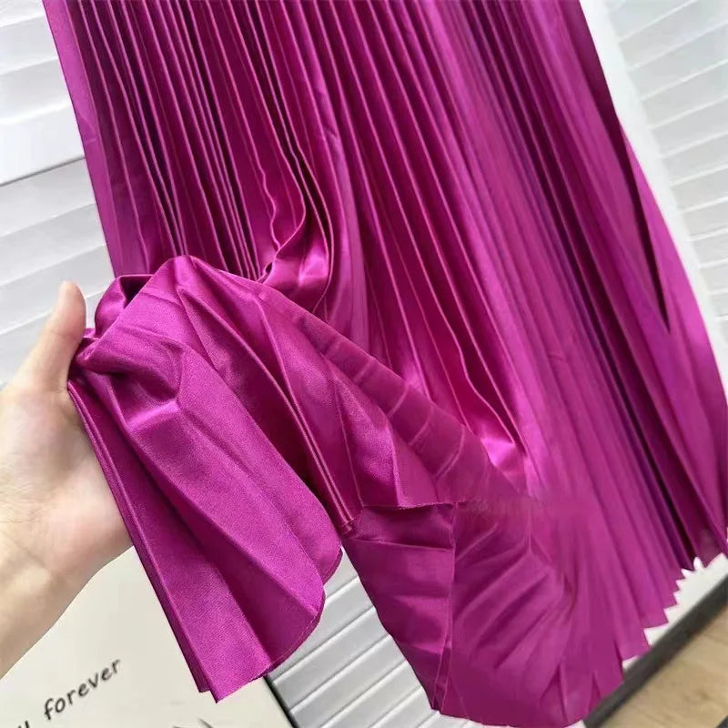 Women's Solid Colour Pleated Elastic Waist Maxi Skirt