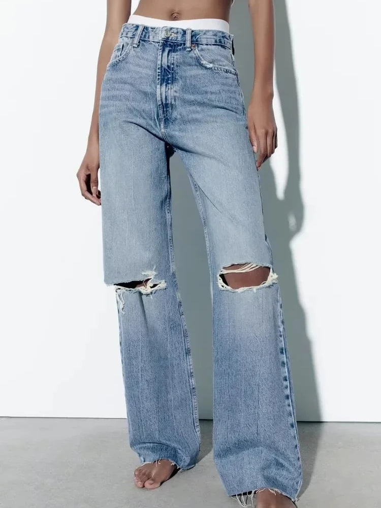Women's Frayed Hem Ripped Wide Leg Jeans