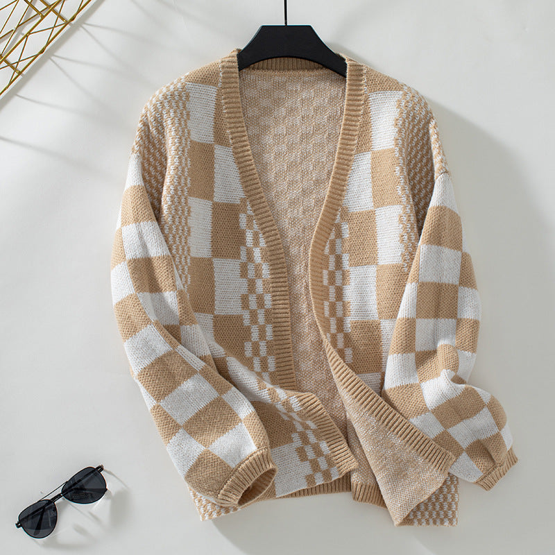 Women's Square Design Cardigan Long Sleeve Button Front Knitwear Casual Fashion