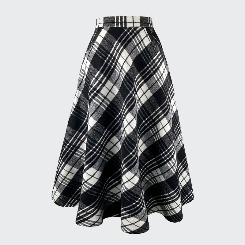 Women's Black and White Plaid Tweed Style Skirt Maxi Length A-line Flare with Pockets