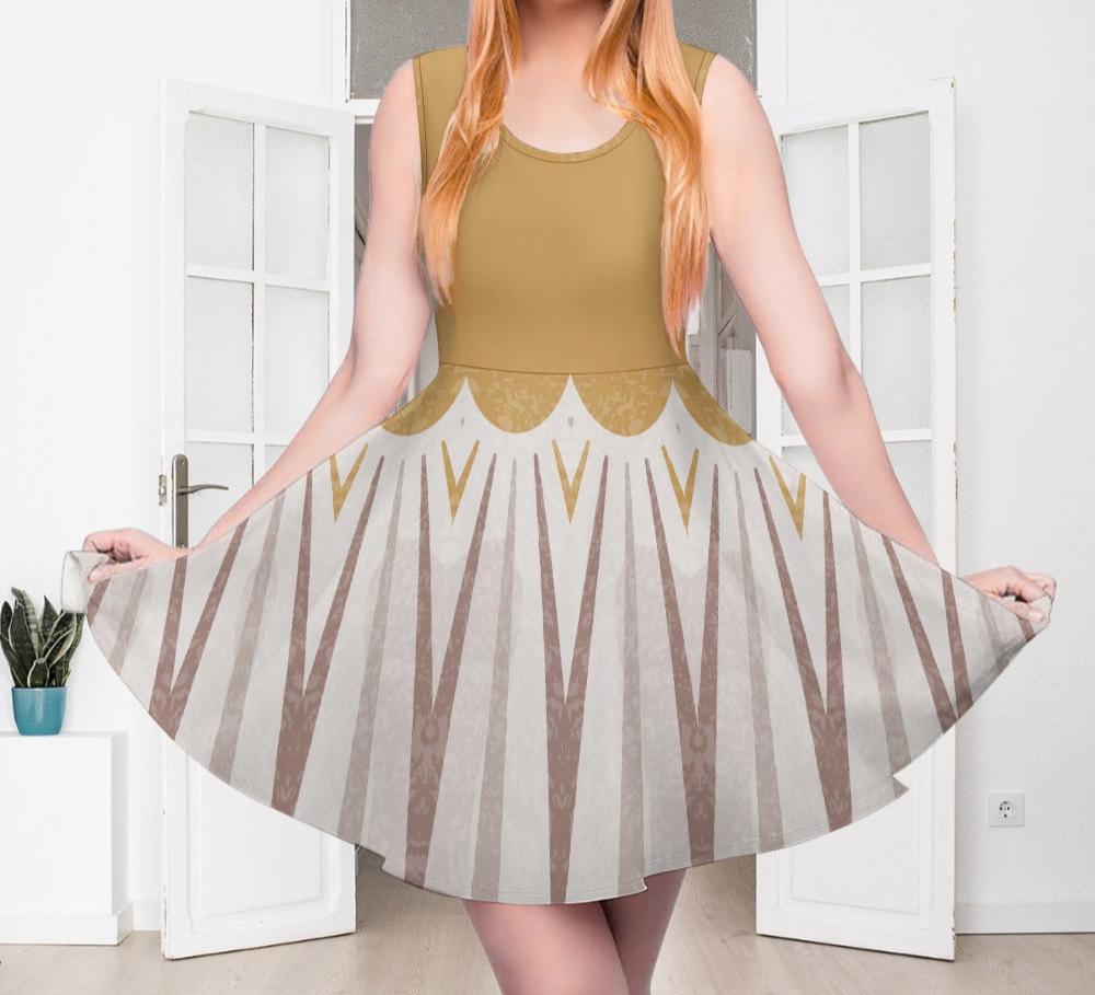 Women's Gold Bronze Stripe Print Round Scoop Neck Sleeveless Skater Dress