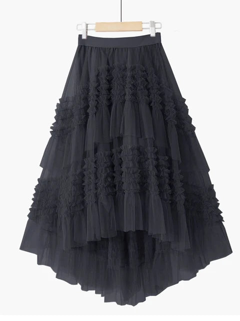 Women's Bohemian Style Ruffle Layered Scalloped Front Mesh Midi Skirt
