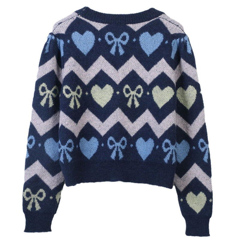 Women Love Heart Bow Knitted Cardigan Sweater V-Neck Long Sleeve Button Front
