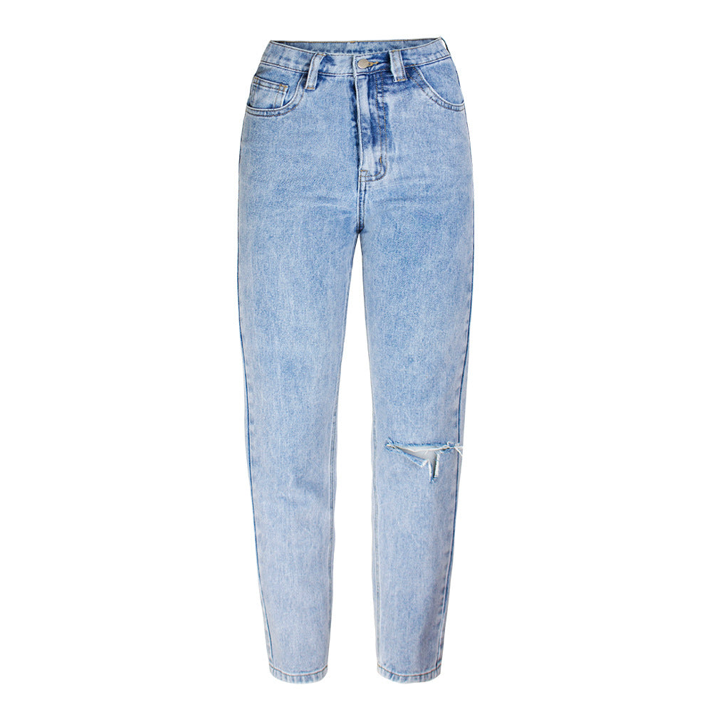 Women's Denim Jeans High Waist Straight Wide Leg Slight Ripped Trousers