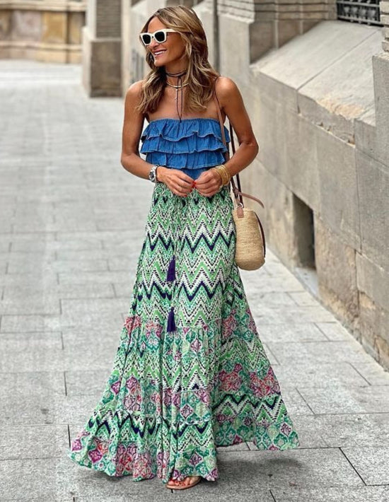 Women's Bohemian Style Abstract Patchwork Maxi Skirt