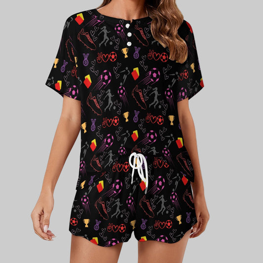 Women's Football Print Two Piece Shorts and T-shirt Pyjamas Set