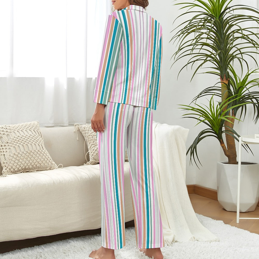 Women's Striped Print Pyjamas 2pc Set Long Sleeve Button Front Top and Full Length Trouser Bottoms Casual Fashion Loungewear Sleepwear