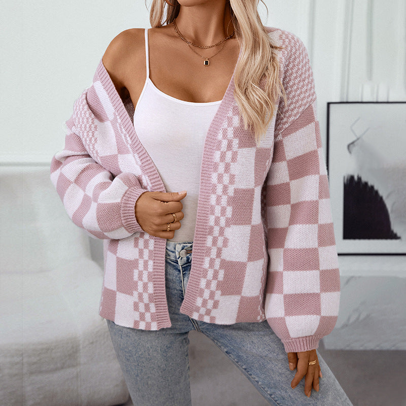 Women's Square Design Cardigan Long Sleeve Button Front Knitwear Casual Fashion