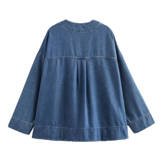 Women's Denim Jacket Dropped Sleeve V-Neck Loose Fit Button Front
