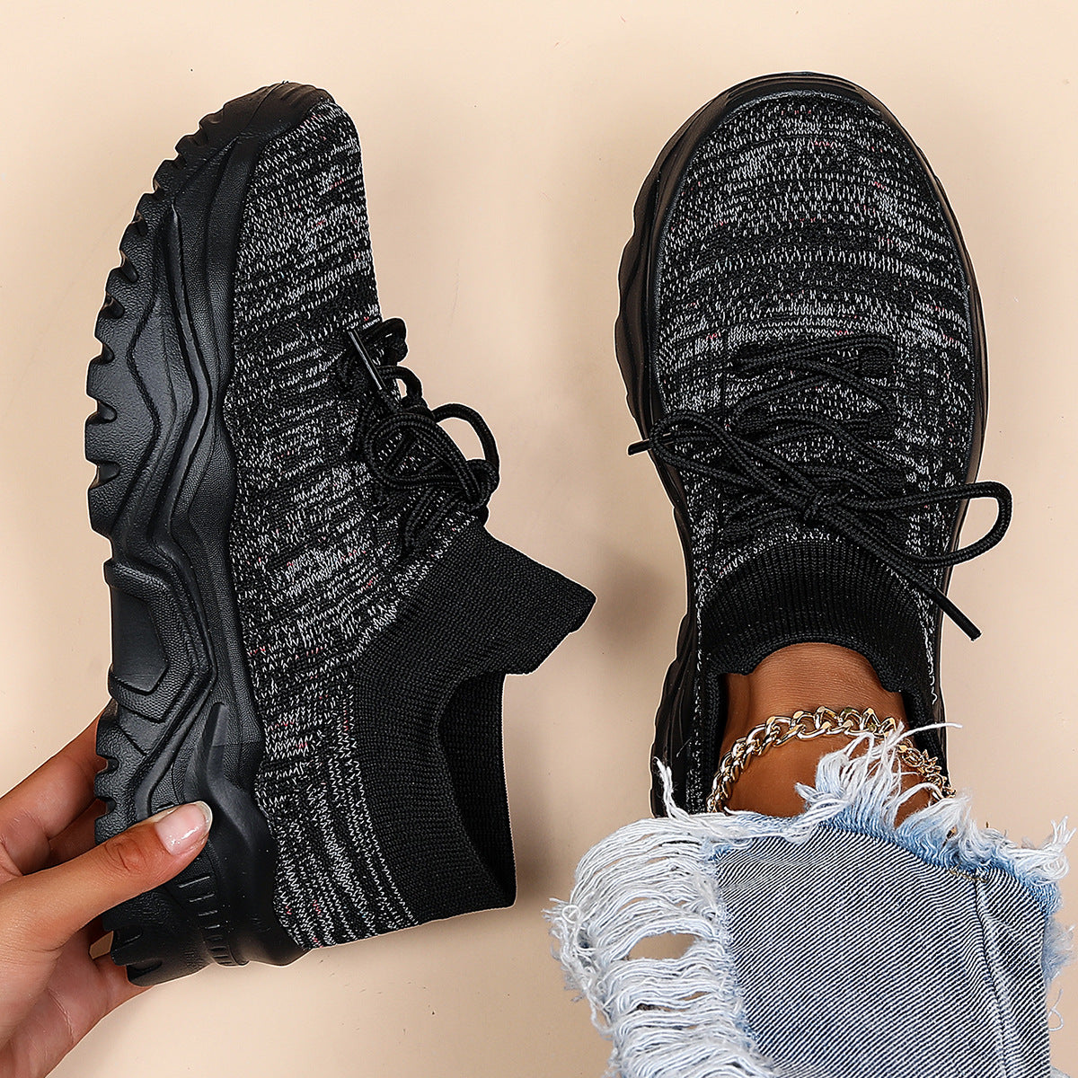 Women's Mesh Lace Up Sock Casual Trainers