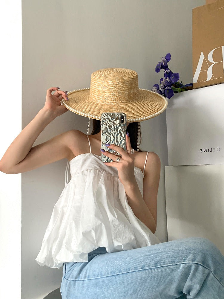 Women's Straw Hat With Pearl Chain Detail Flat Top Big Brim