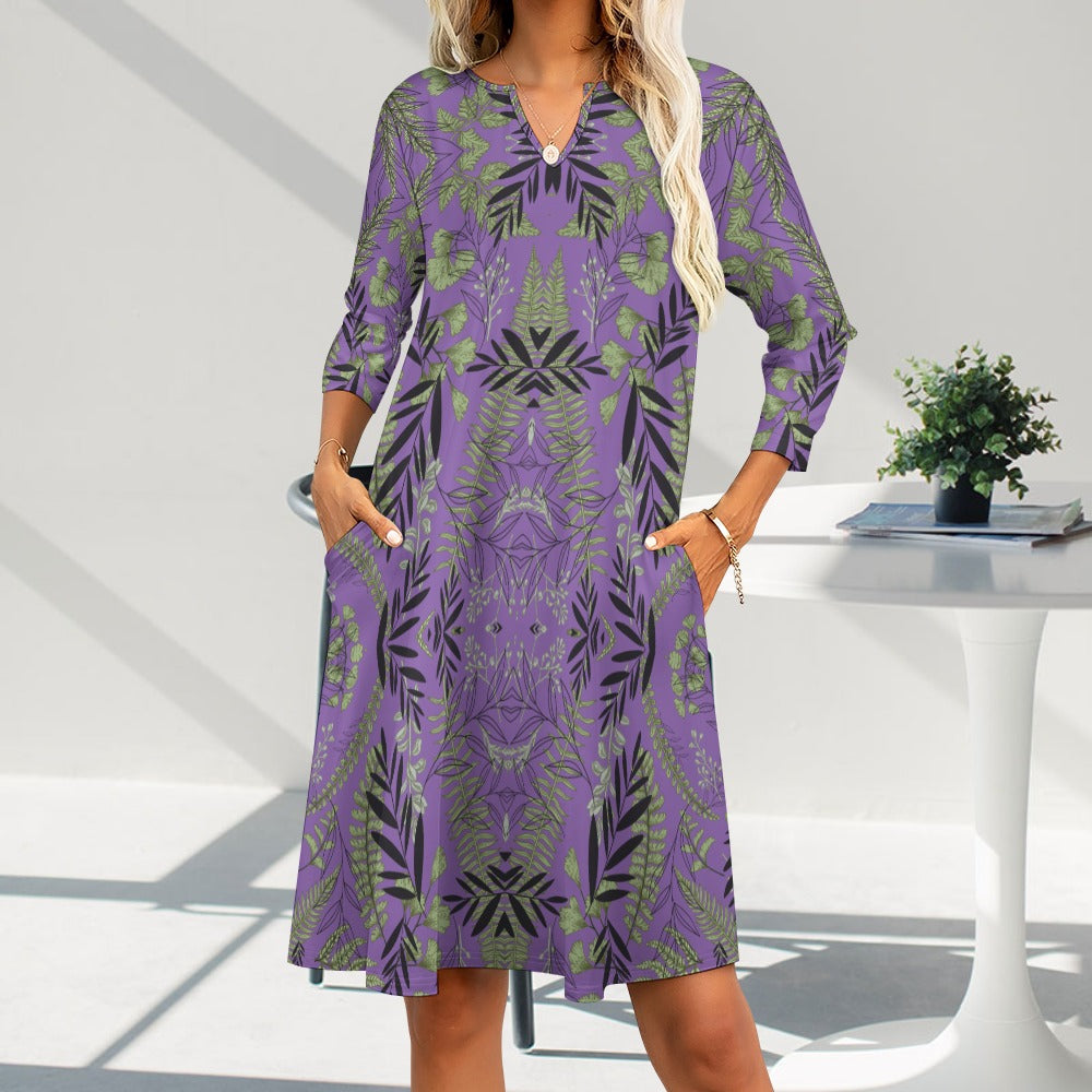 Women's Floral All-Over Print Dress Knee Length Long Sleeve Pockets V-neck All Sizes Plus Size