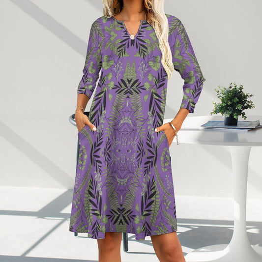Women's Floral All-Over Print Dress Knee Length Long Sleeve Pockets V-neck All Sizes Plus Size