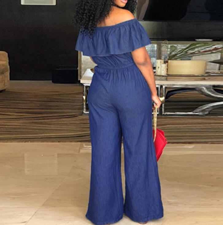 Women's Plus Size Denim Style Fitted Bardot With Pockets Jumpsuit