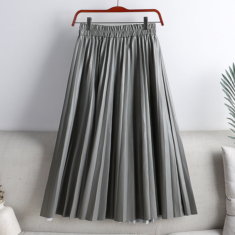 Women's PU Leather Pleated Midi Skirt