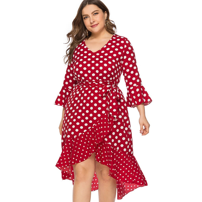 Women's Plus Size Polka Dot Wrap Dress Long Sleeve V-Neck Knee Length