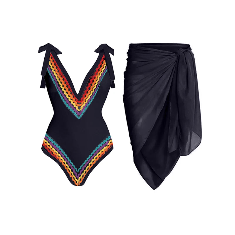 Women's Black Rainbow Trim Swimsuit With Midi Sarong Cover Up