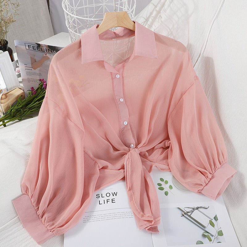 Women's Loose Sheer Blouse Tie Bottom Puff Sleeves Button Front Short Shirt