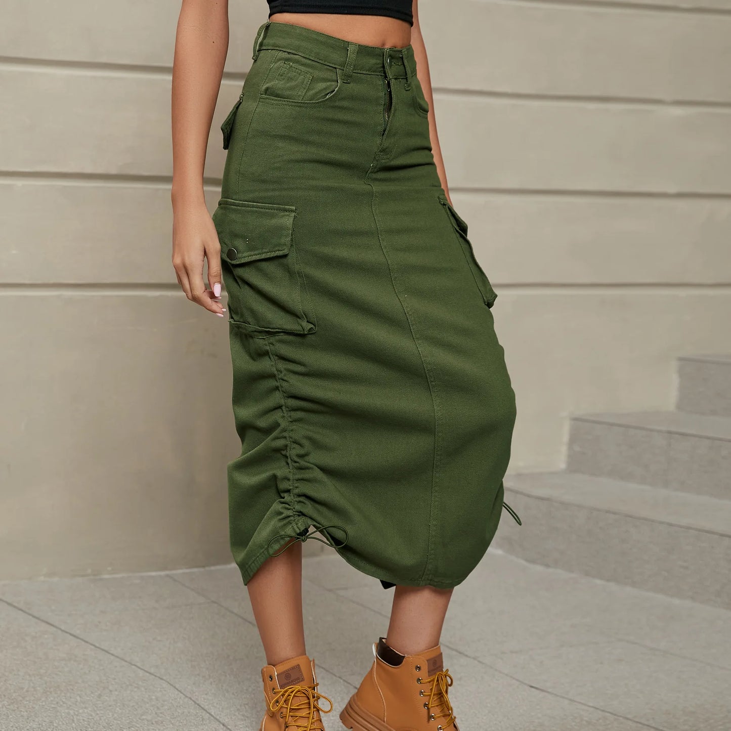 Women's Denim Work Style Skirt Drawstring Sides High Waist Midi
