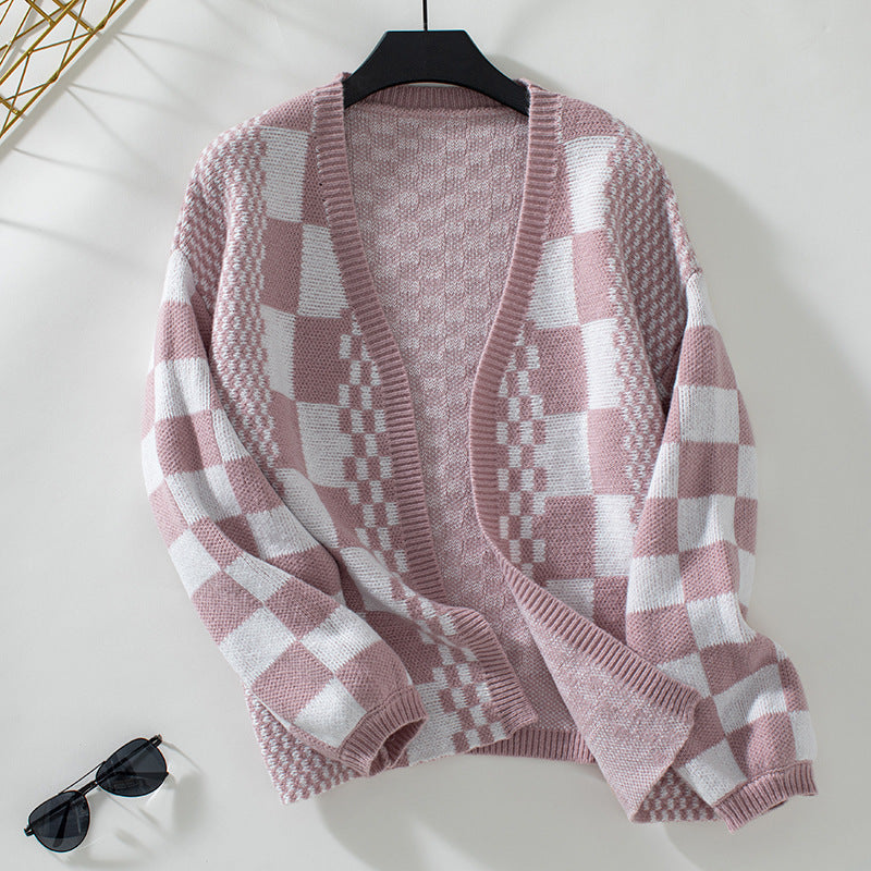 Women's Square Design Cardigan Long Sleeve Button Front Knitwear Casual Fashion
