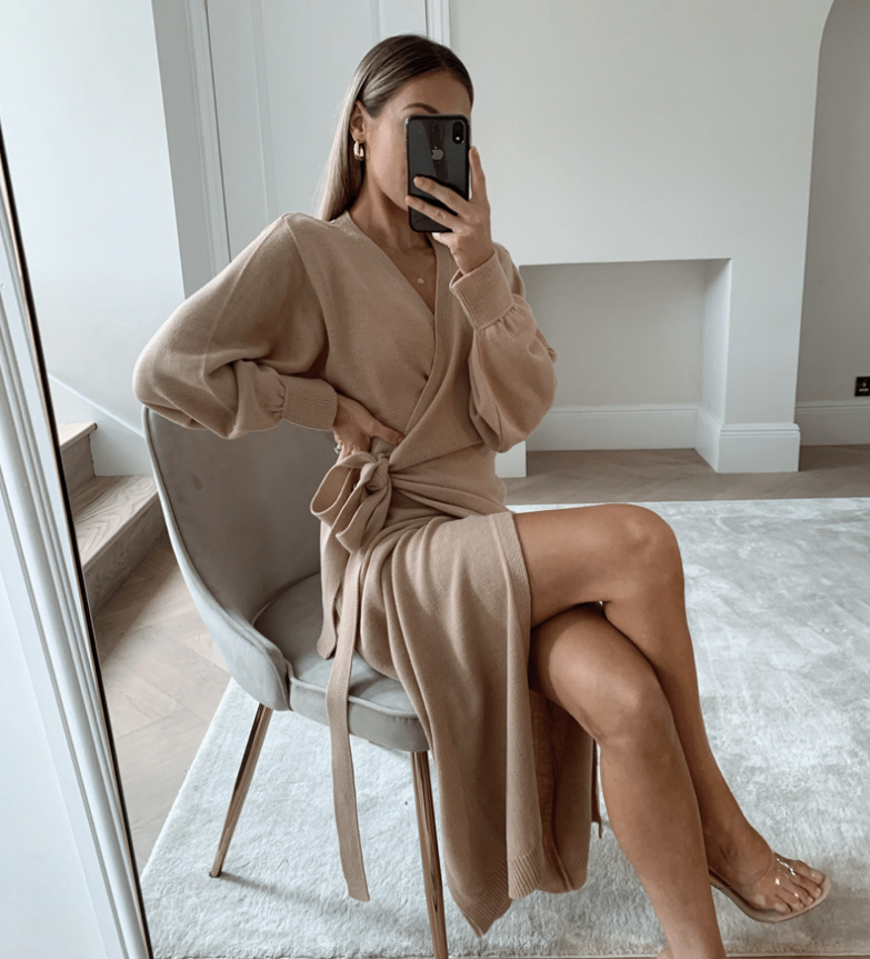 Women's Knitted Wrap Maxi Dress Oversized Long Sleeve Tie Waist Robe
