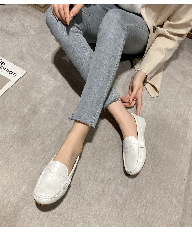 Women's Leather Loafer Style Flat Shoes Slip On Round Toe Footwear
