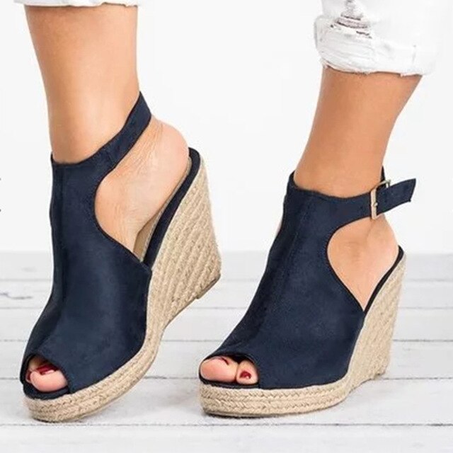 Women's Faux Suede Peep Toe Cork Wedge Ankle Strap Sandals