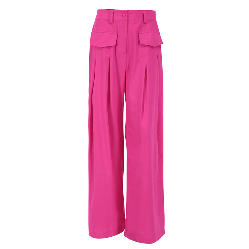 Women's Hot Pink Cotton Linen Wide Leg High Waist Trousers