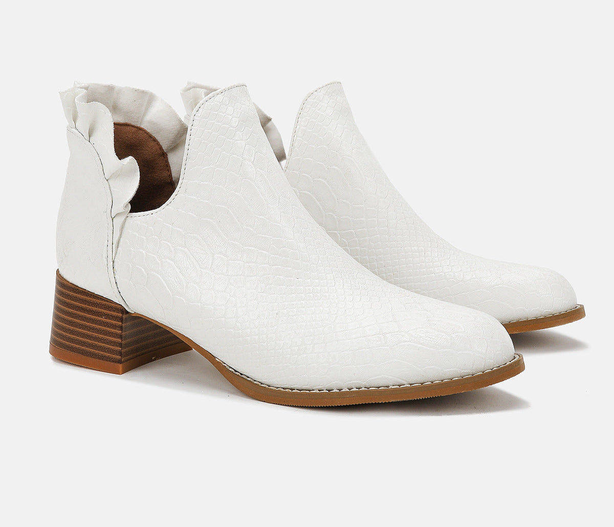 Women's Snakeskin Ankle Boots Round Toe Heavy Low Heel Pull-On Shoes Footwear Fashion