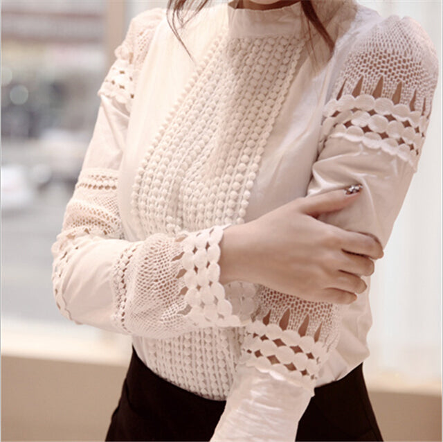 Women's Textured Cut Out Blouse Long Sleeve White Shirt Lace Hook Size S-5XL