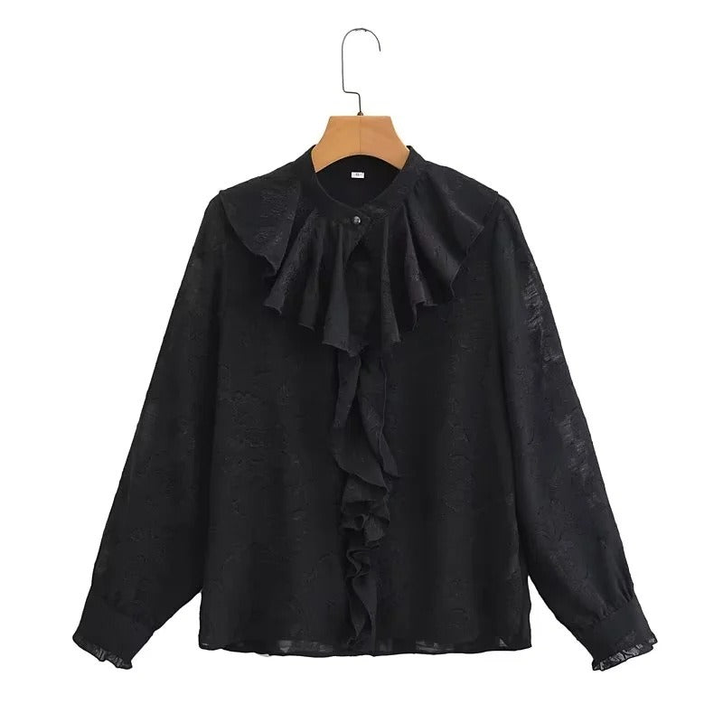 Women's Ruffle Frill Collar Layered Front Blouse Long Sleeve Top