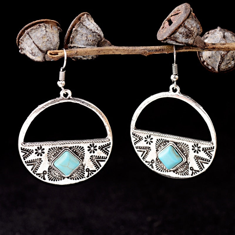 Women's Bohemian Gypsy Faux Turquoise Round Carved Earrings