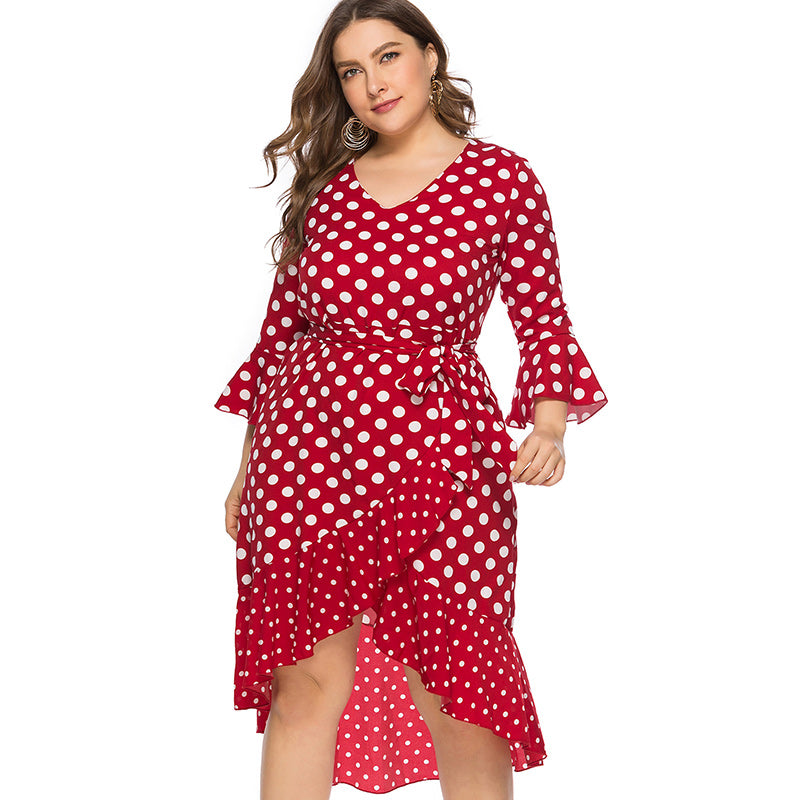 Women's Plus Size Polka Dot Wrap Dress Long Sleeve V-Neck Knee Length