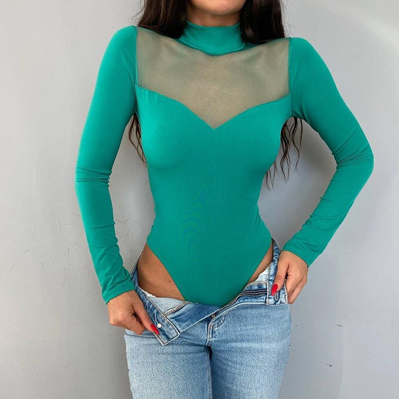 Women's Solid Colour Mesh Bodysuit Long Sleeve High Neck Slim Fitted Top