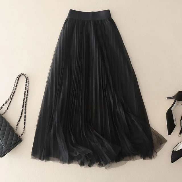 Women's Bohemian Style Mesh Pleated Midi Skirt