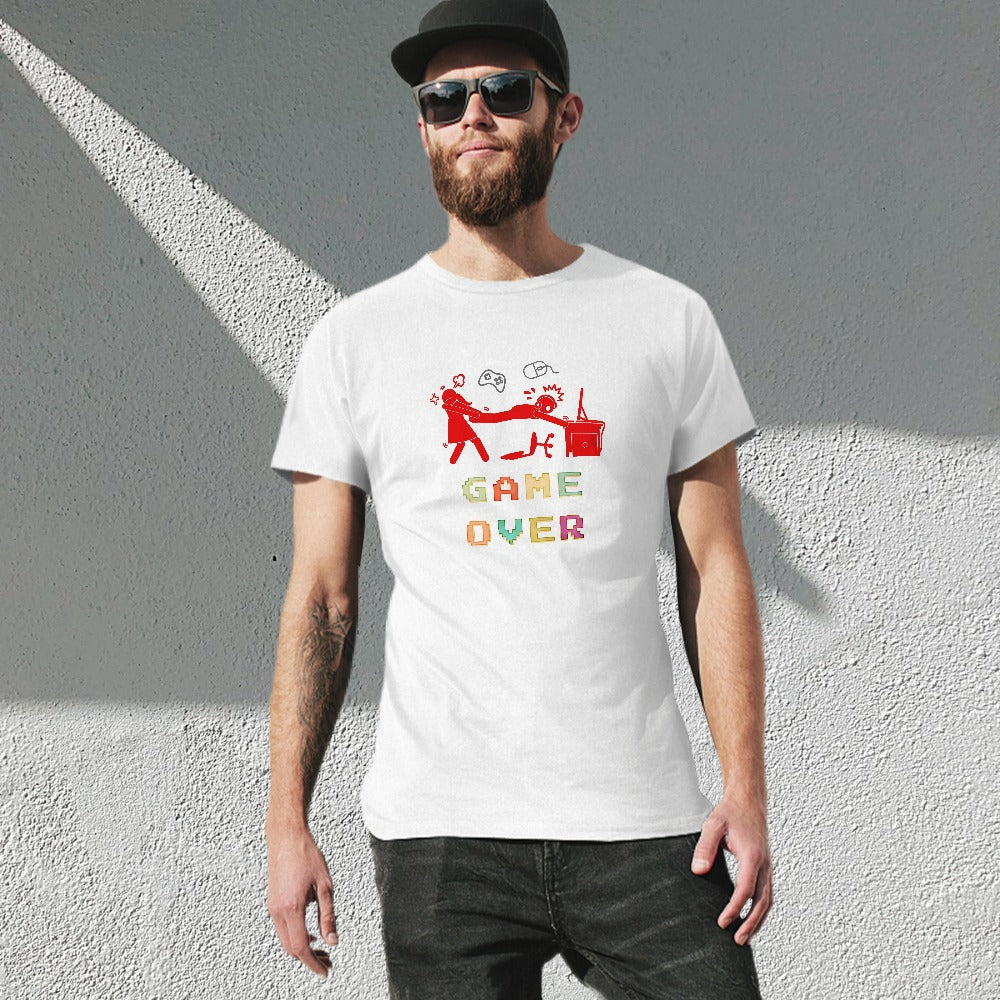 Men's Game Over Print Cotton Round Neck Short Sleeve T-shirt