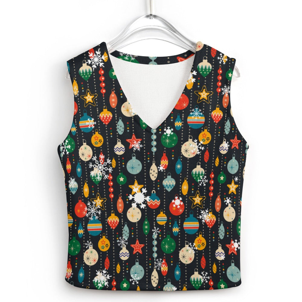 Women's Christmas Bauble Theme Sleeveless Ribbed Knit V-Neck Vest Tank Top