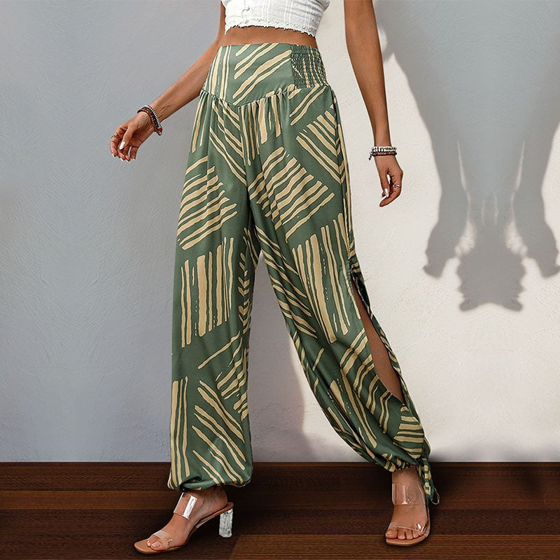 Women's Bohemian Style Green Split Leg Ankle Tie High Waist Harem Trousers