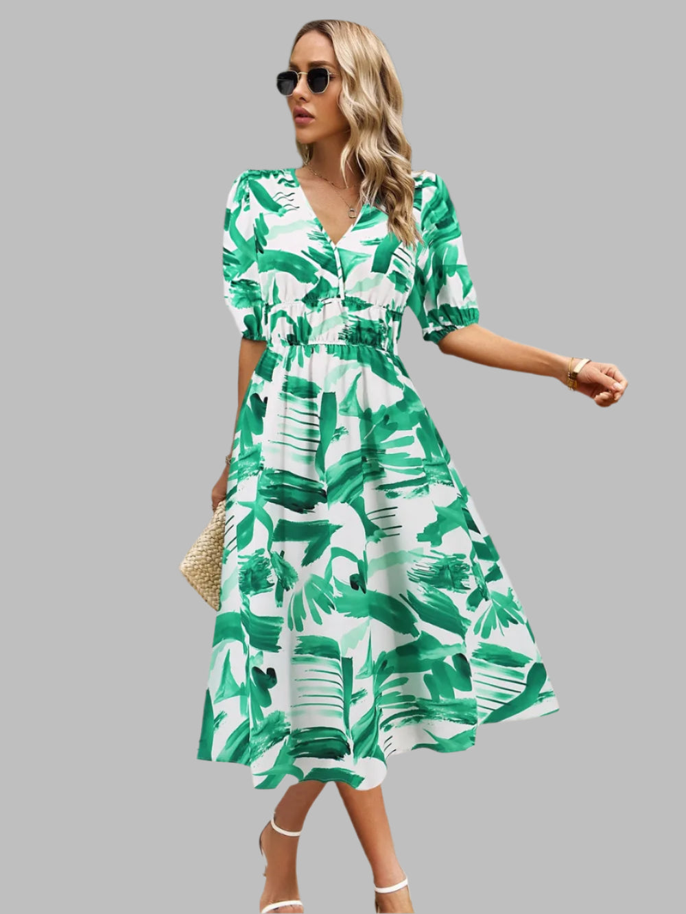 Women's Ruched Floral Print Flare Midi Dress