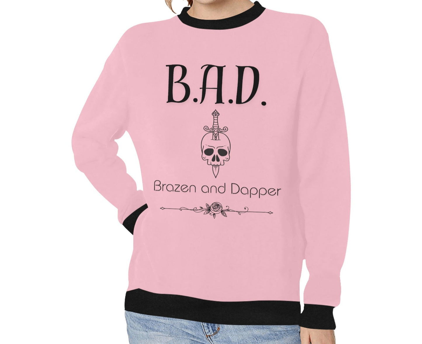 Women's B.A.D Brazen And Dapper Print Ribbed Hem Cuff Sweater