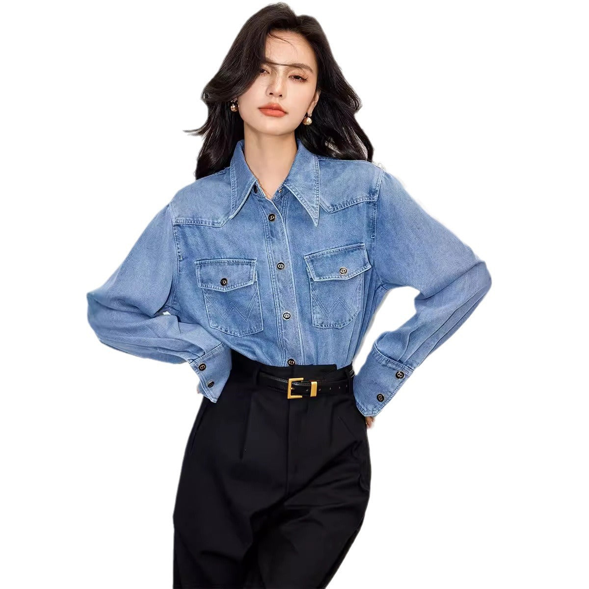 Women's Retro Denim Shirt Button Front Pockets Cowboy Style Blouse